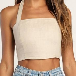 Lulus Double Digits Beige Linen Halter Crop Top, XS